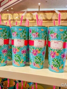🌺 Disney Parks x Lilly Pulitzer Mickey Minnie Teal Floral Tumbler Gold Lid